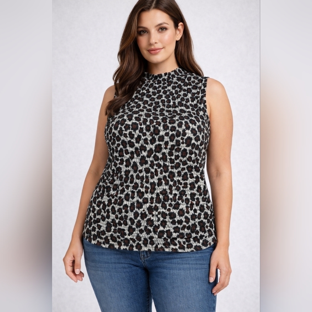 Impressions Leopard Print Smocked Sleeveless Top Large